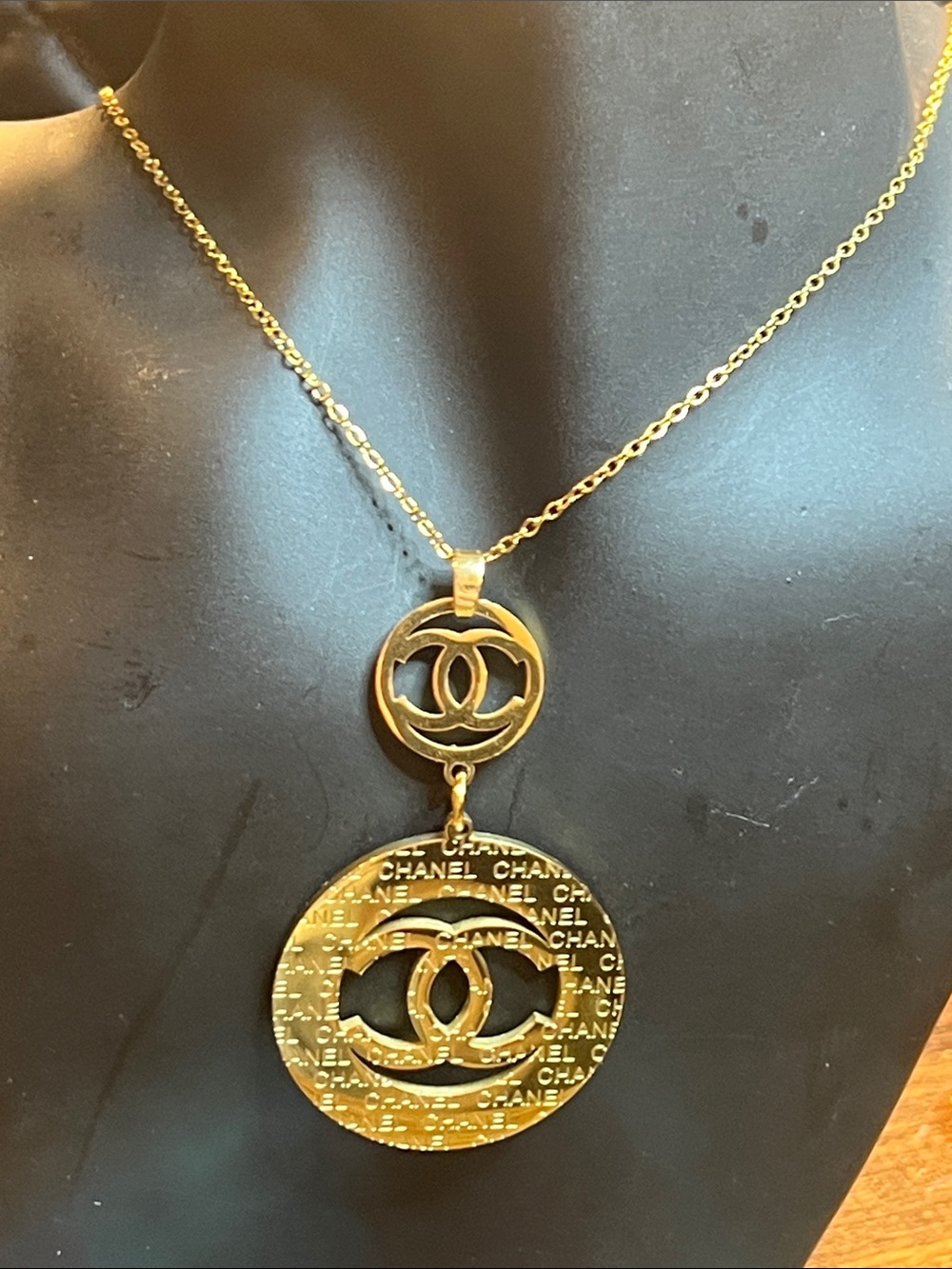 Up cycled Gold-Tone Double Disc Logo Pendant Necklace